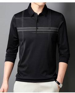 Men's  Warm  Long Sleeve Casual Polo  Business Style Stripe Printed Men's Top