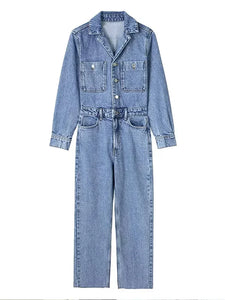 Autumn Denim Jumpsuit for Women  Long Sleeve Elegant  Turn Down Collar