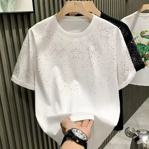 Men's Summer Rhinestone Rivet T-shirt  featuring a round neck and casual  styles Perfect for high street  fashion in 2025 . Short sleeve for comfort fit