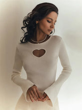 Fall Wint Heart Cut Out Ribbed Knit Tops for Women Elegant Flare Sleeve Sexy Slim Tops Basic Pullovers Streetwear