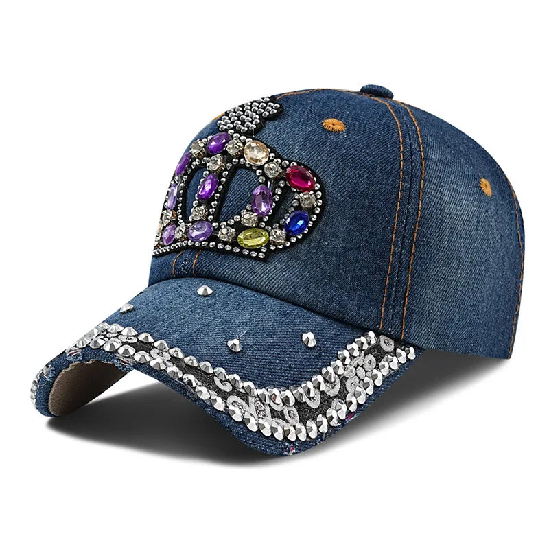 Rhinestone Butterfly/Crown Denim Baseball Cap Fashion Low Profile Sun Hat Adjustable Dad Hat for Women Men Hip Hop Trucker Caps