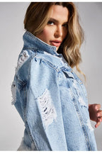 Woman Long Sleeve Ripped Short Denim Jacket Fashion Hipster Jeans Coat S-XL