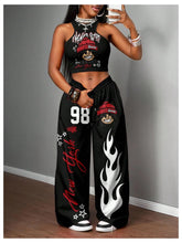 Women's 2 Piece Outfits Graphic Crop Tank Low Rise Wide Leg Baggy Pants Set Hip Hop Streetwear