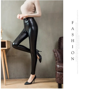 Qisin Plus Size Winter PU Leather Leggings Women Thickened Warm Legging High Waist Leggings Black Leather Pants Women