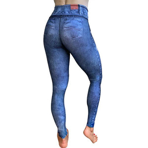 FCCEXIO Grey Denim 3D Print Women Push Up Running Sports Leggings Jeans Pattern