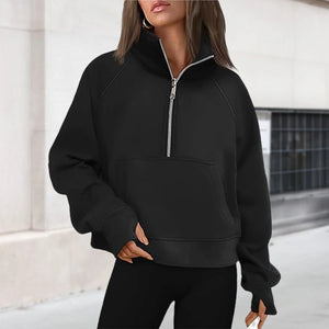 Stand Collar Casual Sweatshirts Half Zip Women Cropped Pullover Thumb Hole Oversized Solid Color