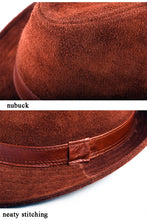 Genuine Leather Gentleman Top Hat For Men Britain Winter Nubuck Suede Wheat Ear Letters Printed Retro Dad Jazz Caps Fedora