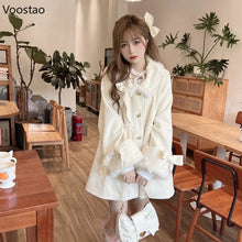 Autumn Winter Warm Lolita Style Woolen Coat Women Sweet Faux Fur Plush Patchwork Loose Jacket  Female Casual Outwear Tops