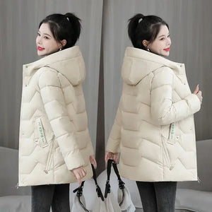 Winter Fashion Women Mid Length Down Cotton Jacket Loose Thick Warm Padded Coat Hooded Parkas