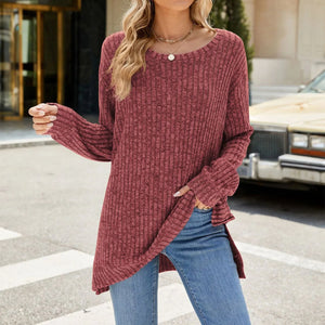 Fashion Casual Solid Color  Neck Long Sleeve Women Pullover Top