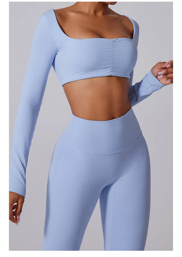 Autumn Winter Sports Top for Women with Detachable Cup Exposed Waist Pleated Solid Color Long Sleeve