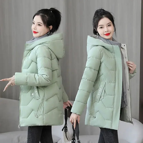 Winter Fashion Women Mid Length Down Cotton Jacket Loose Thick Warm Padded Coat Hooded Parkas