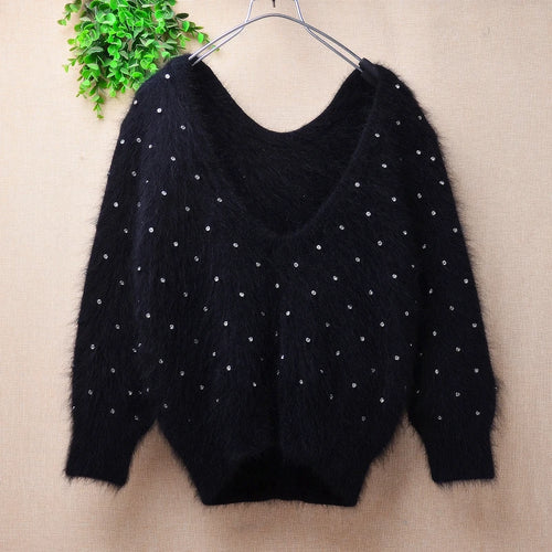 Ladies Women Fall Winter Clothes Black Hairy Beading Three Quarter Sleeves V-Neck Slim Blouses Pullover Sweater Jumper Pull Tops