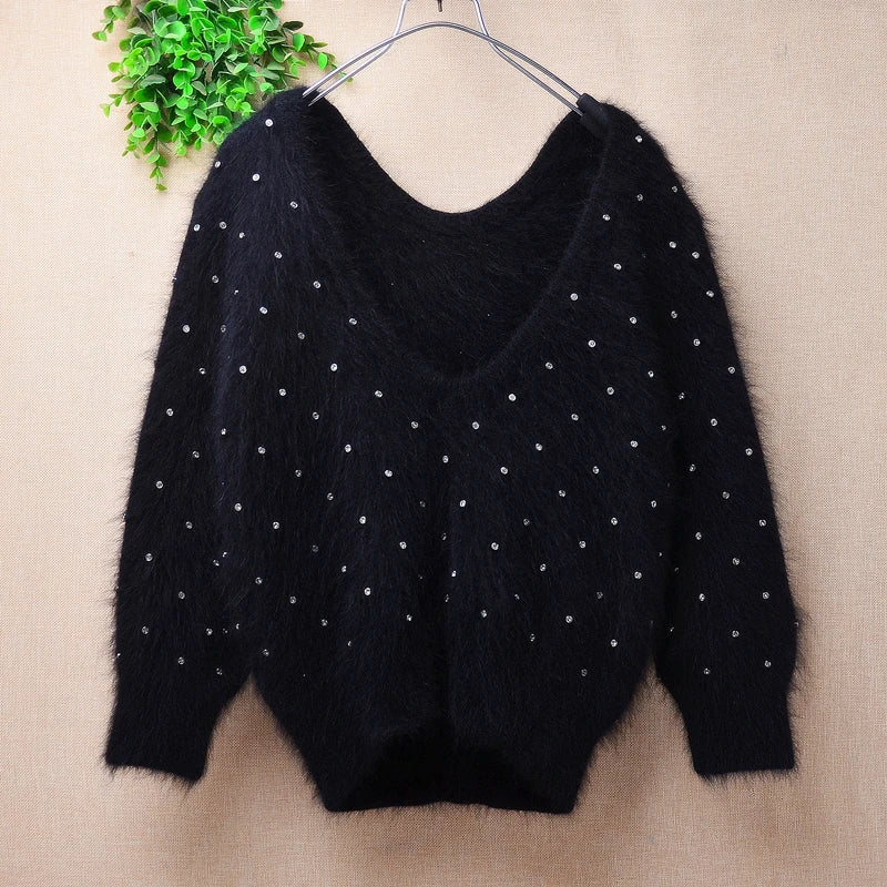 Ladies Women Fall Winter Clothes Black Hairy Beading Three Quarter Sleeves V-Neck Slim Blouses Pullover Sweater Jumper Pull Tops