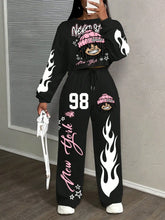 Women's Street Style Flame & Graphic Print 2-Piece Set, Loose Fit, Autumn Winter Casual Wear