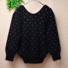 Ladies Women Fall Winter Clothes Black Hairy Beading Three Quarter Sleeves V-Neck Slim Blouses Pullover Sweater Jumper Pull Tops