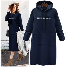 Loose Casual Hoodie Dress Women's Mid-Length Korean Style plus Size Print round Neck Empire Waist Long Sleeve Dress