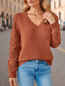 2024 Fashion Casual Sweaters Tops For Women's Solid V Neck Knit Sweater