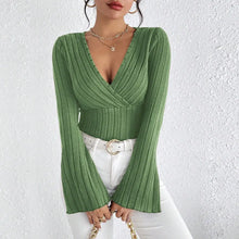 Women's Fall and Winter Long-sleeved Tops, V-neck  Slim Striped Women's Tops, Long-sleeved T-shirt Knitted Bottoming Shirt