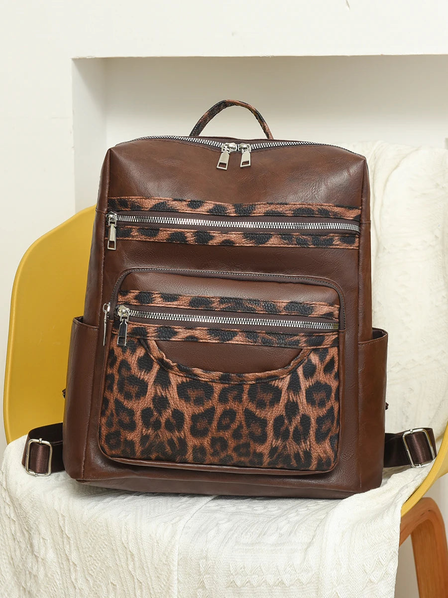 Soft Leopard Interior Compartment Fashion Backpacks Sewing Thread Large Capacity High Quality Bags for Women Pu Women's Handbags