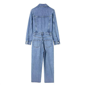 Autumn Denim Jumpsuit for Women  Long Sleeve Elegant  Turn Down Collar