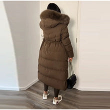 Winter Women Long Down Jacket Fur Hooded Zipper Brown Black Drawstring Padded Cotton Coats Fashion Lady All-matching Outerwear