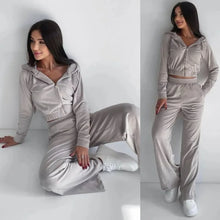 Women's Fall and Winter Hot Fashion Set Zipper Hoodie Drawstring Tracksuit Trouser Solid Color Two-piece Set