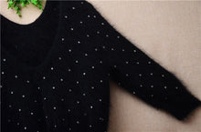 Ladies Women Fall Winter Clothes Black Hairy Beading Three Quarter Sleeves V-Neck Slim Blouses Pullover Sweater Jumper Pull Tops