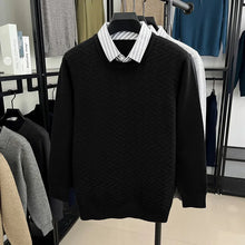 Men's Knit Sweater with Shirt Collar - Gray Vintage Style Fake Layered Business Casual Pullover Old Money Style Top