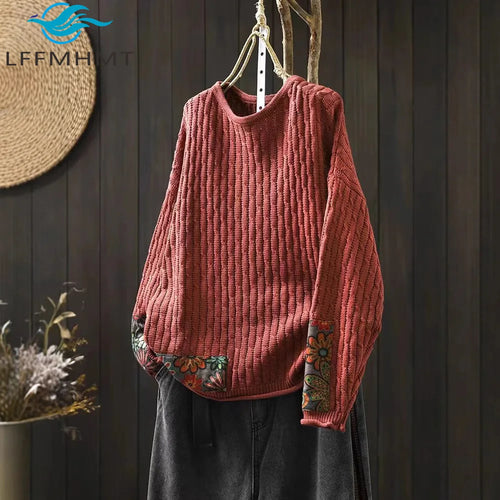 Winter Fall Fashion Vintage Sweater Women's O-neck Loose Casual Lazy-style Casual Pullover Tops Flower Print Patchwork Knitwear