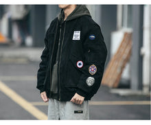 Mens American Heavyweight Padded Bomber Jacket Winter Warm Badge Patch Streetwear Fashion Trendy Coat Korean Hip Hop Parkas Male