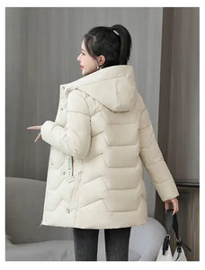 Winter Fashion Women Mid Length Down Cotton Jacket Loose Thick Warm Padded Coat Hooded Parkas