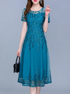 Elegant Blue  Chiffon Mesh Dress Women Great Evening Dresses Short Sleeve