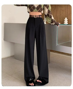 Fashion High Waist Wide Leg  Fall Baggy Black Trouser Office Ladies Full Length