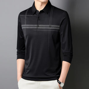 Men's  Warm  Long Sleeve Casual Polo  Business Style Stripe Printed Men's Top