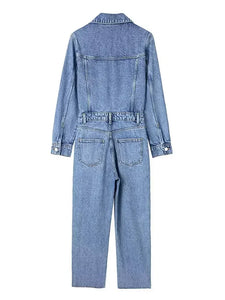 Autumn Denim Jumpsuit for Women  Long Sleeve Elegant  Turn Down Collar