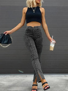 Curvy Slit Hem Jeans Women Slim Fit Stretch Pencil Pants Elastic High Waist Solid Color