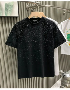 Men's Summer Rhinestone Rivet T-shirt  featuring a round neck and casual  styles Perfect for high street  fashion in 2025 . Short sleeve for comfort fit