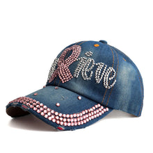 HOPE Believe Pink Ribbon Sparkly Denim Cap Breast Cancer Awareness Washed Dad Hats Rhinestone Bling Breast Cancer Survivor Gifts