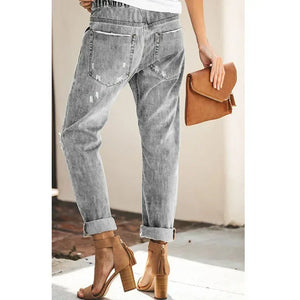 European and American denim straight leg pants with elastic oversized women's jeans ripped