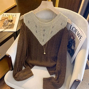 Women's Clothing Hollow Out Off Shoulder T-shirt Spring Autumn Long Sleeve Solid Color Spliced Stylish O-Neck Knitted Pullovers