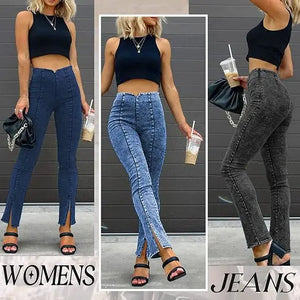 Curvy Slit Hem Jeans Women Slim Fit Stretch Pencil Pants Elastic High Waist Solid Color