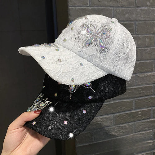 Lace Flowers Baseball Caps for Women Butterfly Rhinestone Breathable Mesh Snapback Hat Hip Hop Hat Fashion Sun Hat