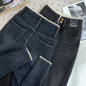 Warm Lambwool Slim Pencil Jeans Womens Skinny Plush Vaqueros Vintage High Waist Thicken Fleece Denim Pants Casual Velvet Legging