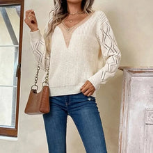 Autumn Winter Women's Sweater Fashion Knitted Long Sleeve Tops White Lace V-neck Pullovers Casual New In Knitwears 2024