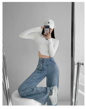 Yiya Style High-waisted Jeans Women's Loose-fit Straight-leg  Draped Wide-leg