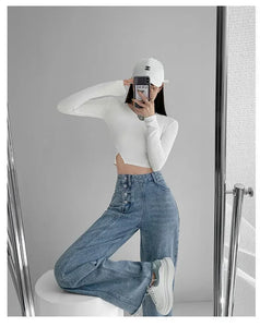 Yiya Style High-waisted Jeans Women's Loose-fit Straight-leg  Draped Wide-leg