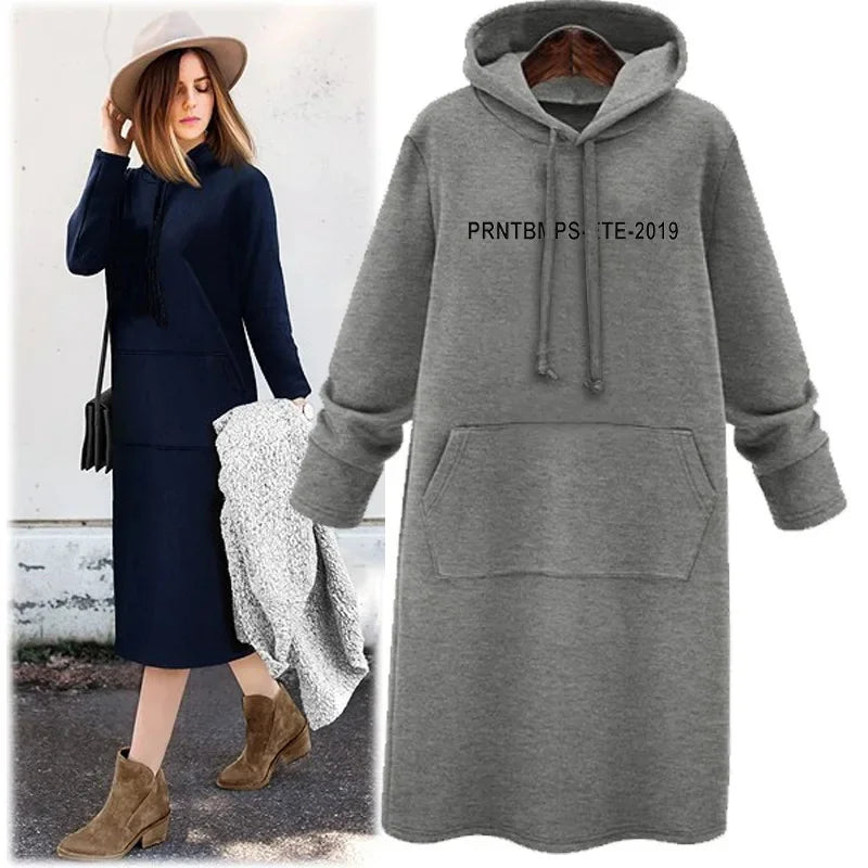 Loose Casual Hoodie Dress Women's Mid-Length Korean Style plus Size Print round Neck Empire Waist Long Sleeve Dress
