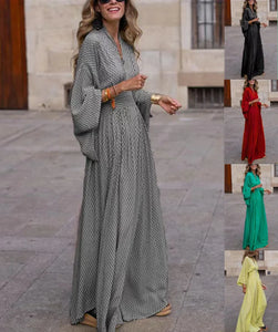 Vintage Boho Women's Casual Dress Fall Fashion V-neck Lantem Sleeve  Waist Loose Max Dresses