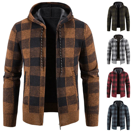 Men's New Plaid Jacket Hooded Sweater Autumn Winter Fleece Outwear Thick Warm Casual Clothing Cold Windbreaker Coat